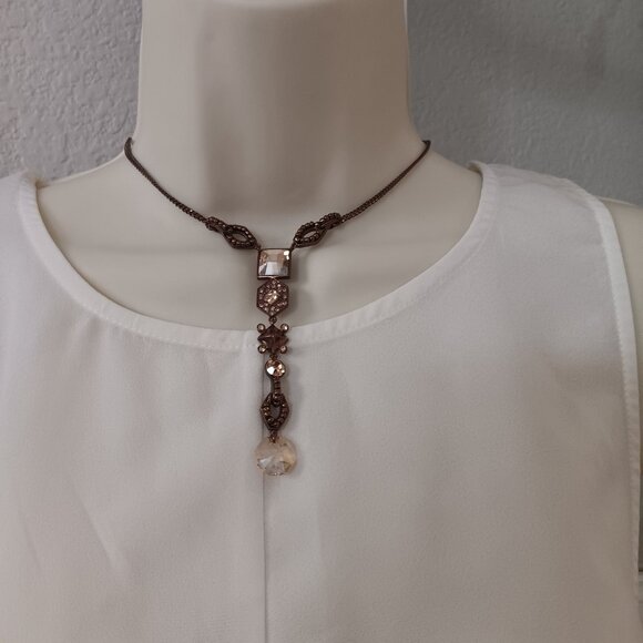 Givenchy EUC+ Vintage Brown Metal and Jewel Drop Pendant Necklace & Earring Set - Picture 1 of 8